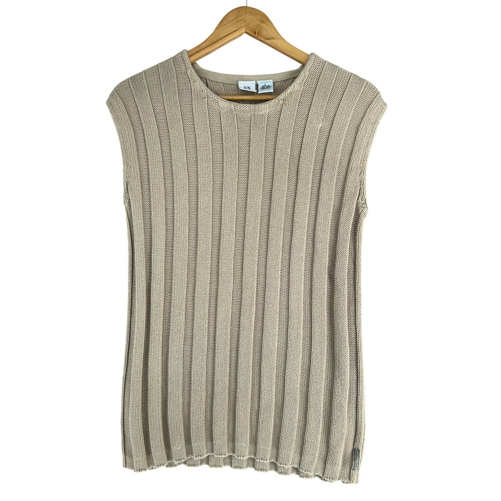 Armani Exchange AX Beige Neutral Ribbed Knit Sleeveless Sweater 100% Cotton Sz L